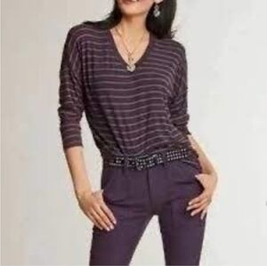 CAbi 3998 Serenity Tee Plum Purple Striped Tunic V-Neck Top